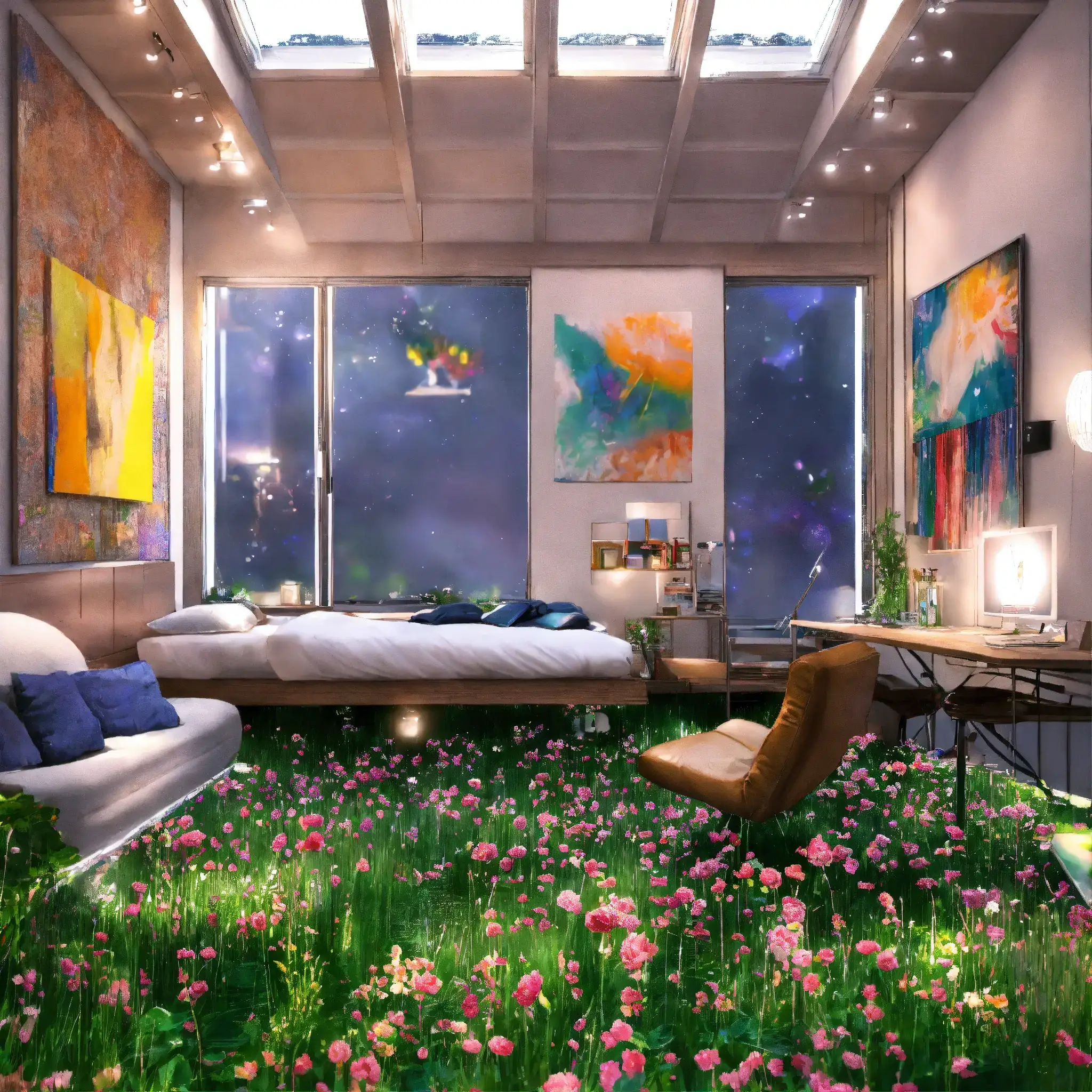 Eetkamer met metalen lampen